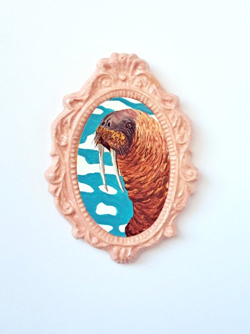 Walrus, part of framed animal miniature series "festum animalium" by Andromachi Giannopoulou