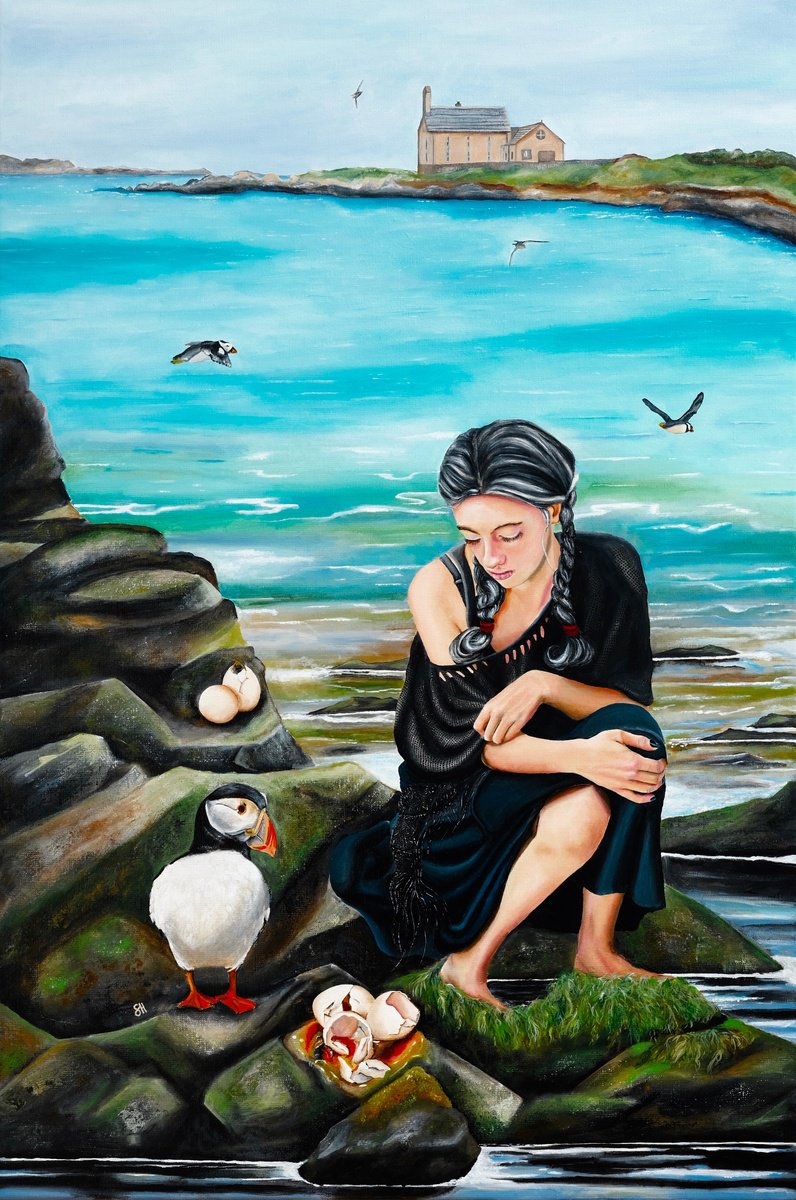Surrealistic Portrait Acrylic Painting By Saskia Huitema, 25 X 37", Five Of Water, Original Artwork