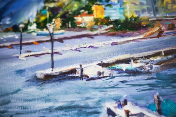 Ascona marina. Stormy weather in Swiss lake. Lago Magiore original oil painting switzerland seascape boats medium size blue landscape interior