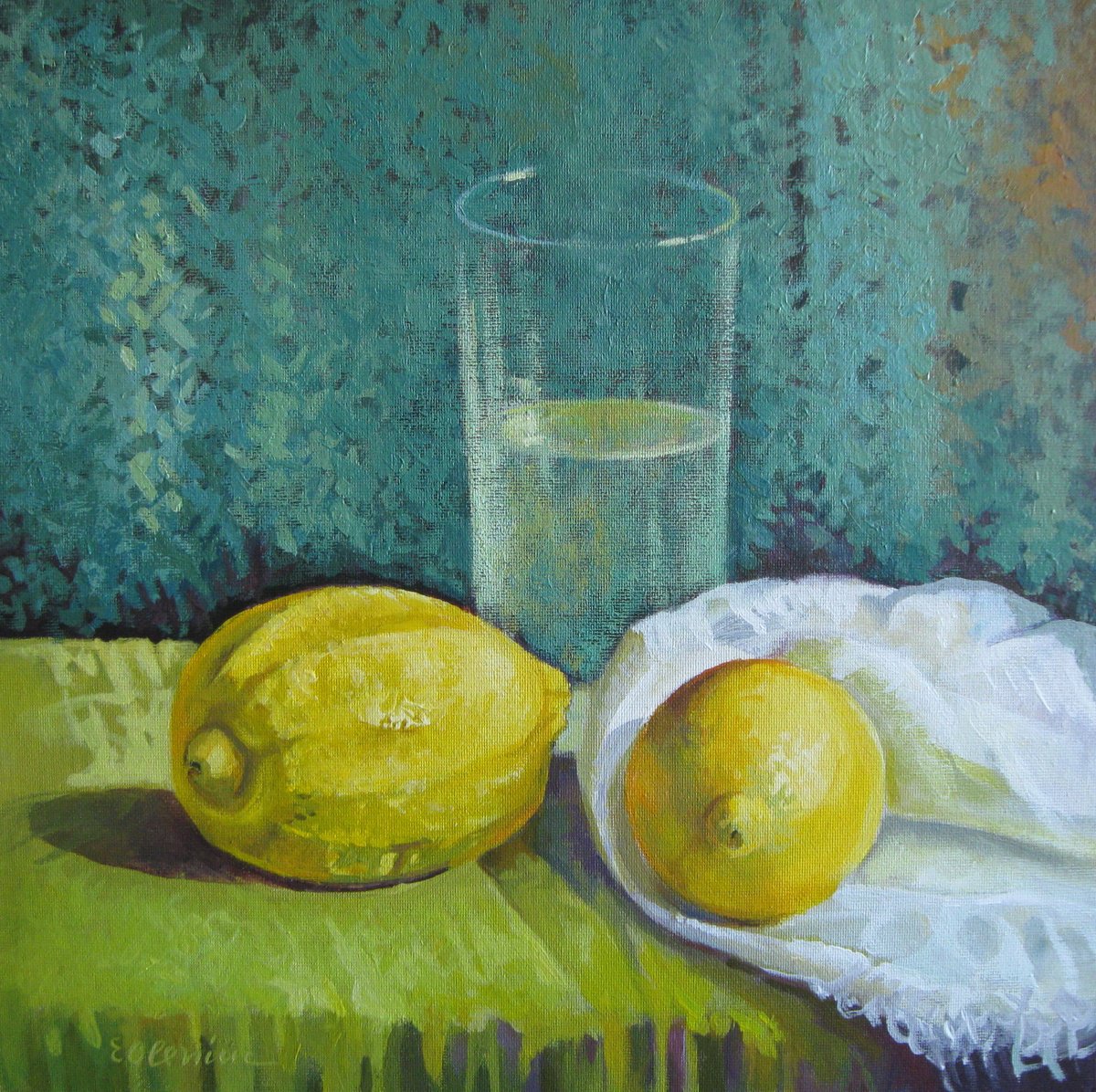 Impressionistic Still Life Acrylic Painting By Elena Oleniuc, 12 X 12, Two Lemons, Original Artwork