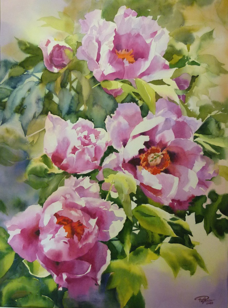 Impressionistic Botanical Watercolour By Yurii Pashkov, 22 X 30", Pink Peonies#4, Original Artwork