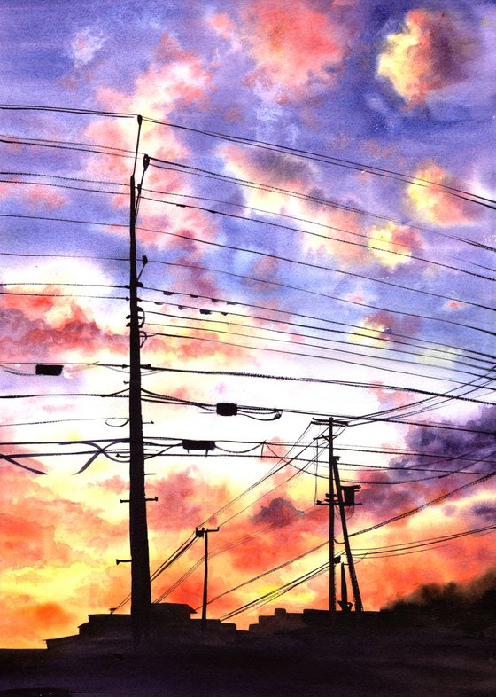 Power lines - sunset - clouds - urbanscape - cityscape