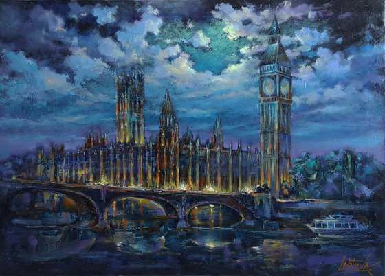 Moonlit Night - London, landscape original oil painting