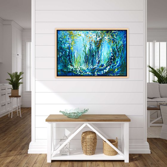 Floral Landscape Painting Abstract Flowers Forest Pond Water Reflection. Large Blue Contemporary Painting Modern Impressionistic Art