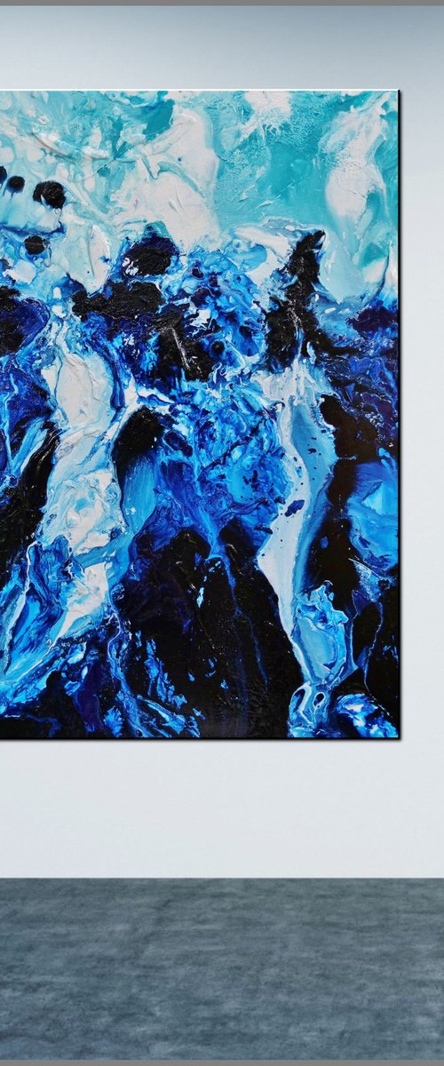 Aqua Motion 120cm x 100cm Blue White Textured Abstract Art by Franko