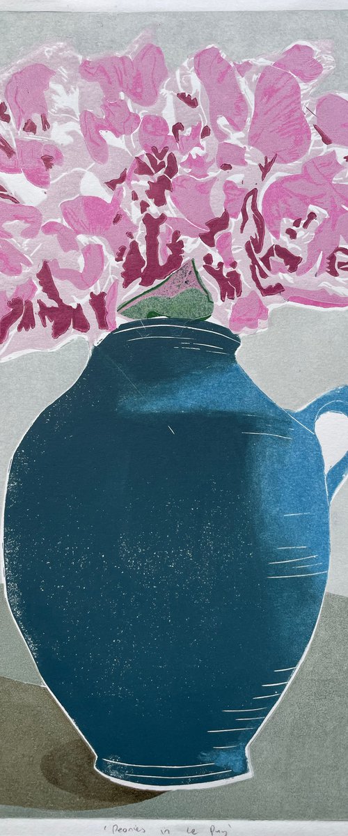 Peonies In Le Puy - Flowers in a Vase Still Life Print by C Staunton