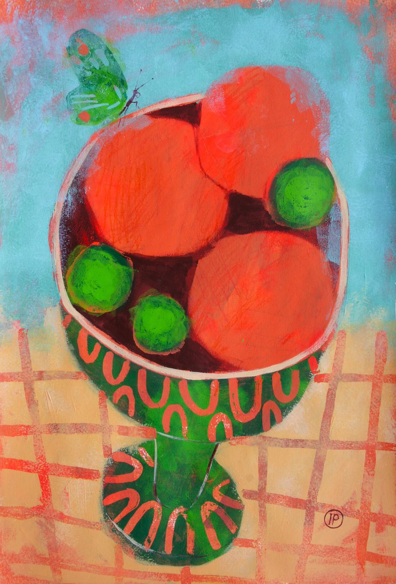 Impressionistic Still Life Acrylic Painting By Irina Plaksina, 12 X 17, Smell Of Oranges And Limes, Original Artwork
