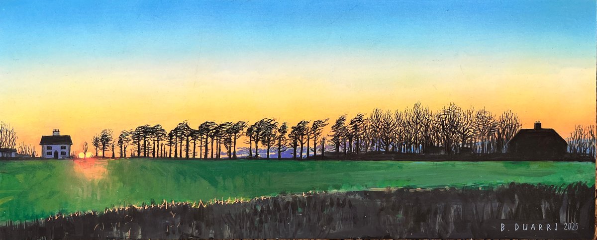 Illustrative Landscape Acrylic Painting By Benjamin Duarri, 27 X 11, Row Of Trees, Keddington, Original Artwork