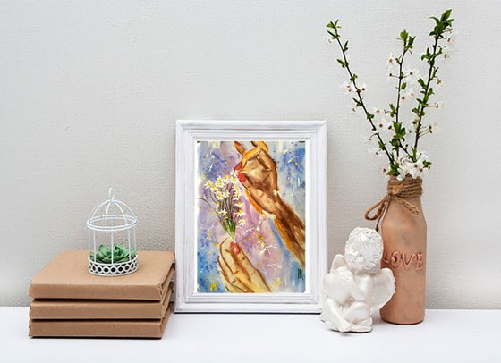 Daisy Painting Floral Original Art Hands Small Watercolor Camomile Artwork Flowers Home Wall Art 8 by 12" by Halyna Kirichenko