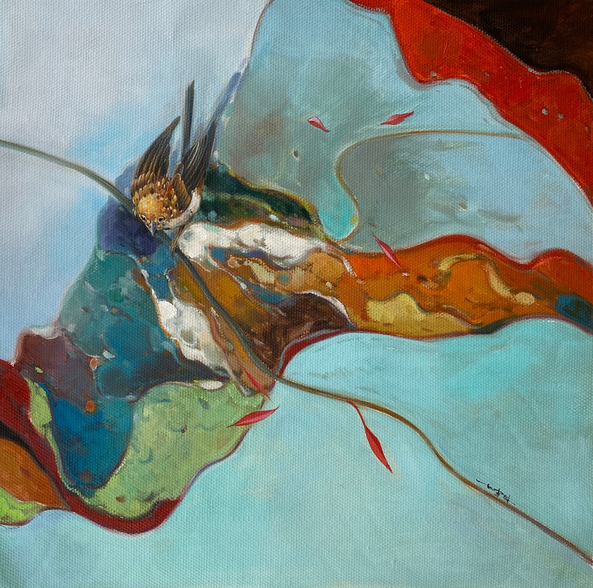 Photorealistic Animal Oil Painting By Kunlong Wang, 24 X 24", Birdie On The Branch, Original Artwork