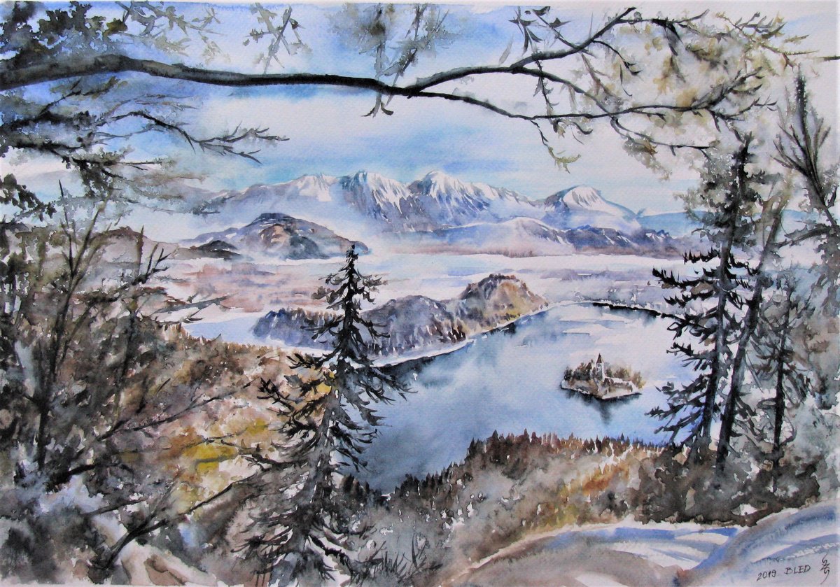 Impressionistic Landscape Watercolour By Szekelyhidi Zsolt, 19 X 13", Bled Castle In Winter, Original Artwork