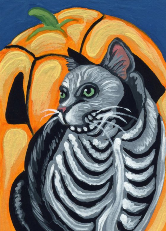 ACEO ATC Original Miniature Painting Halloween Skeleton Cat Pumpkin Art-Carla Smale