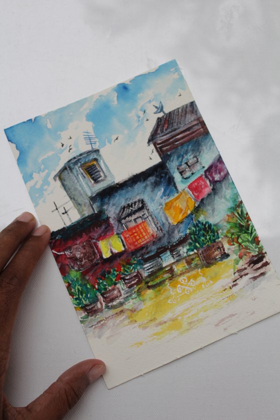 Indian Street Scene with Kolam - Watercolour painting