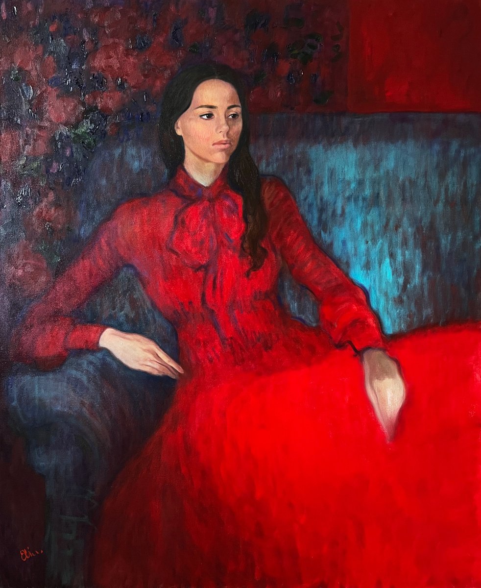 Portrait of Woman in Red dress by Elina Arbidane
