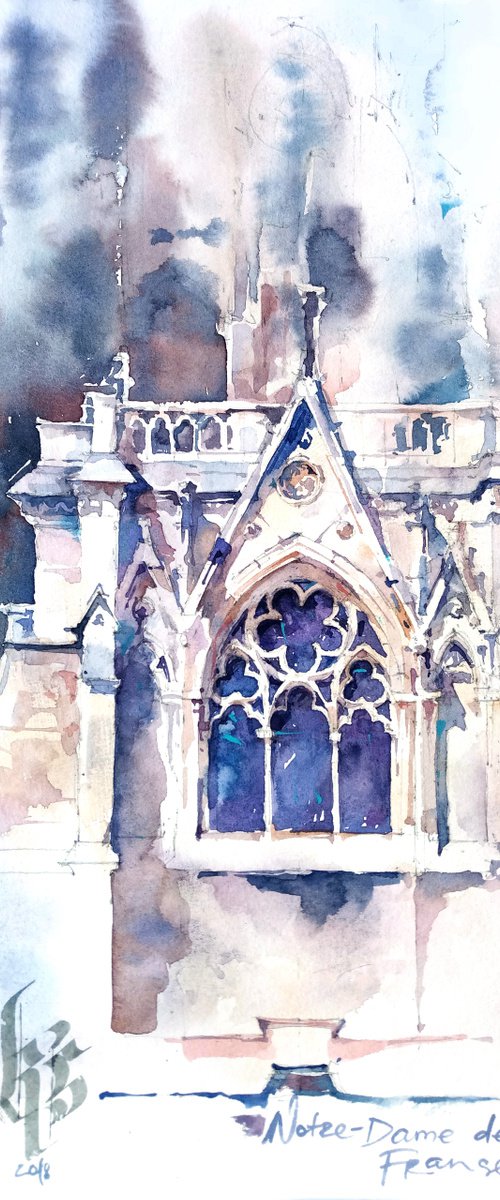 "Gothic window of the cathedral of notre dame in Paris, France"  architectural landscape - Original watercolor painting by Ksenia Selianko
