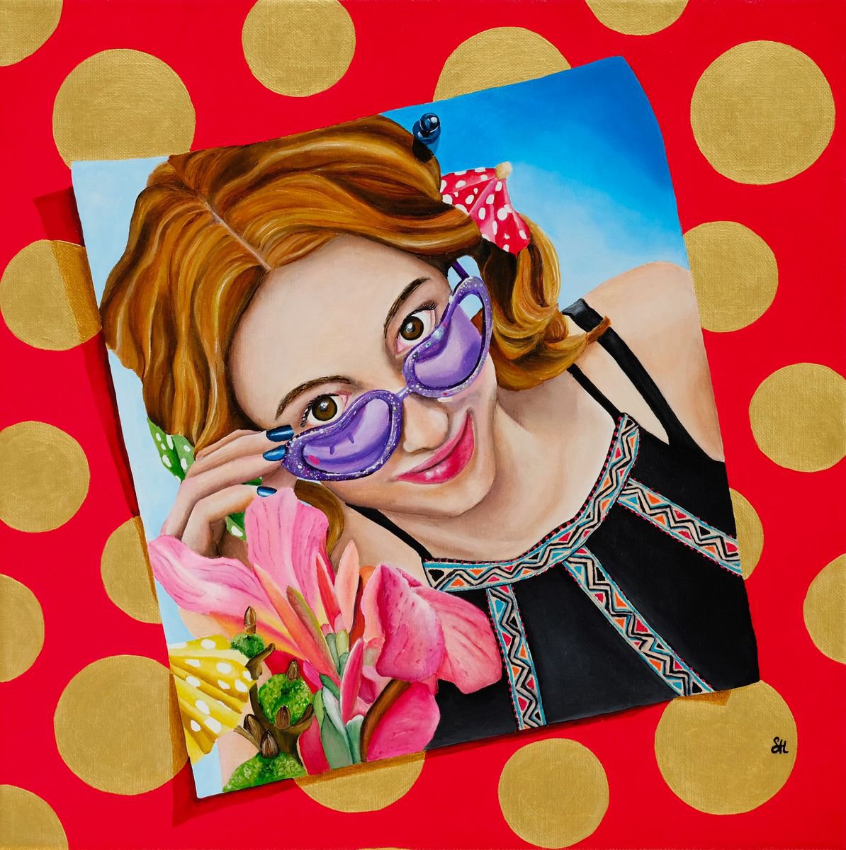 Photorealistic Portrait Acrylic Painting By Saskia Huitema, 14 X 14", Pin-Up Girl, Original Artwork