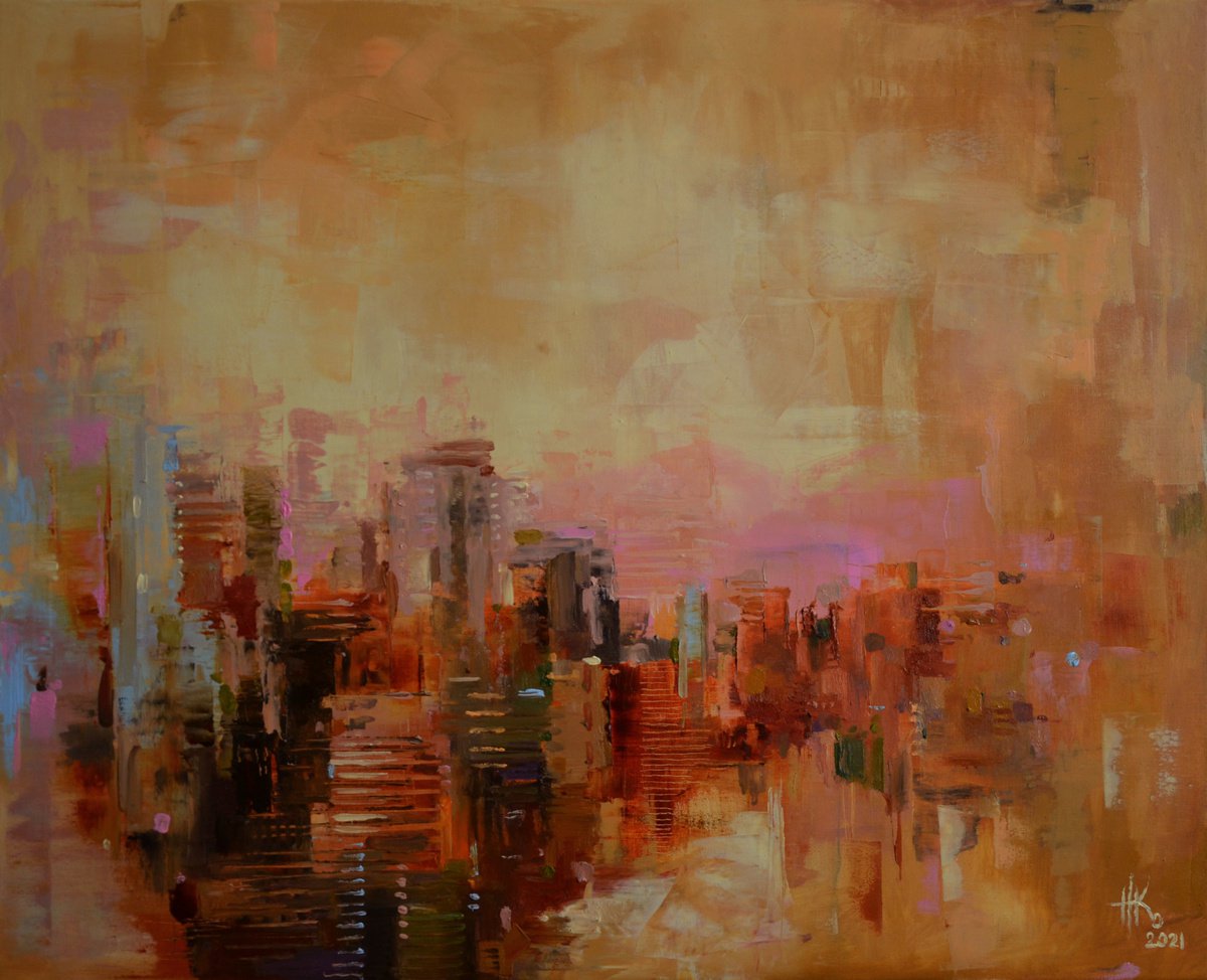 Expressive Cityscapes Oil Painting By Zhanna Kondratenko, 30 X 24", Midday, Original Artwork