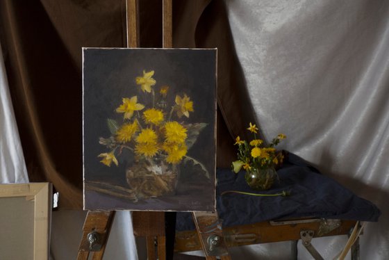 Still life with daffodils and dandelions