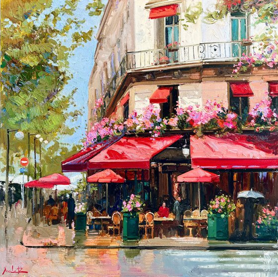 Parisian Café with Red Awnings