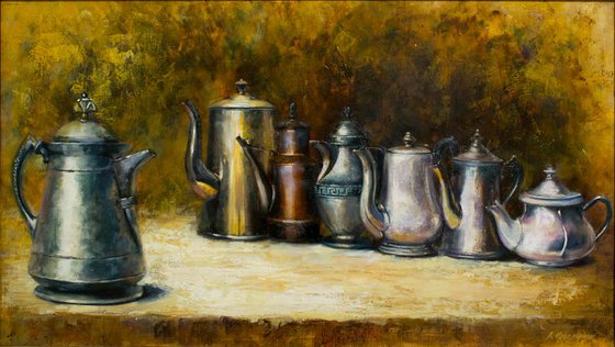 "Nosy team" still life teapots liGHt original painting  GIFT (2016)