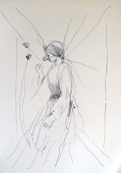 Woman smelling the flower, ink on paper 42x29 cm by Frederic Belaubre
