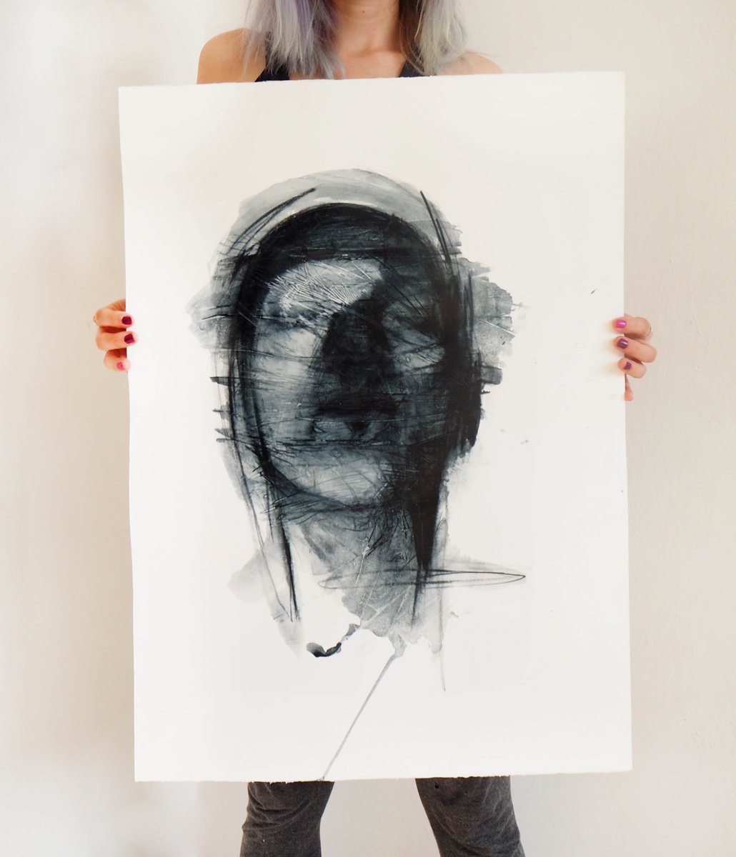 Expressive Portrait Drawing By Cynthia Gregorova, 20 X 28, New Breath (It´s Just In The Head), Original Artwork
