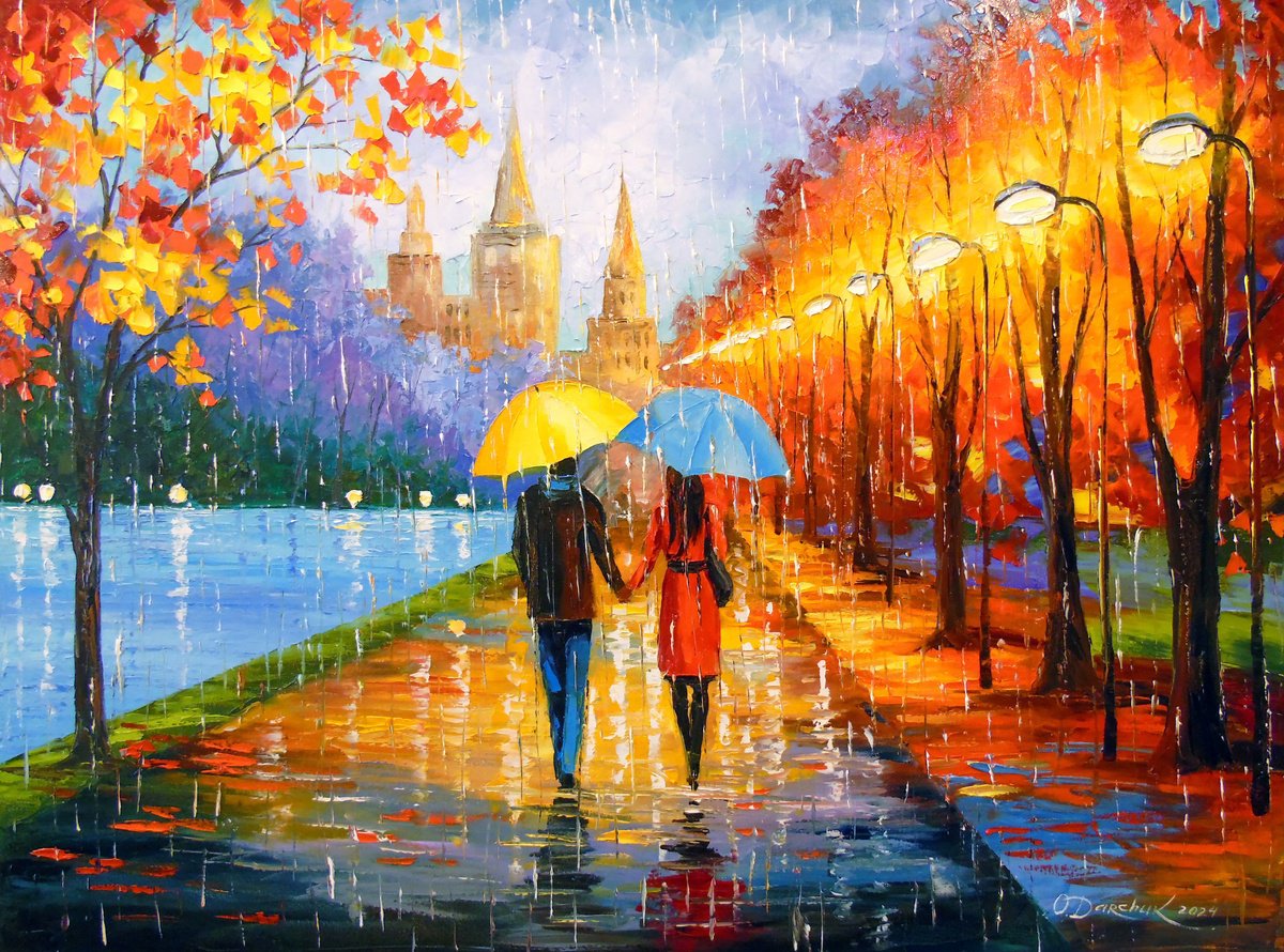 Impressionistic Landscape Oil Painting By Olha Darchuk, 39 X 28", Romantic Walk In The Rain, Original Artwork