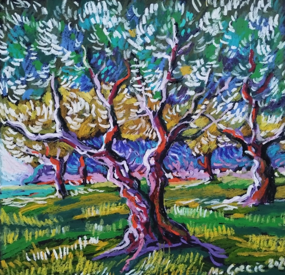 Impressionistic Landscape Pastel Drawing By Maja Grecic, 12 X 12", Olive Grove No 41, Original Artwork