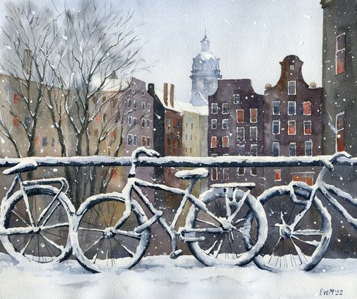 First snow in Amsterdam. Watercolor artwork. by Evgeniya Mokeeva