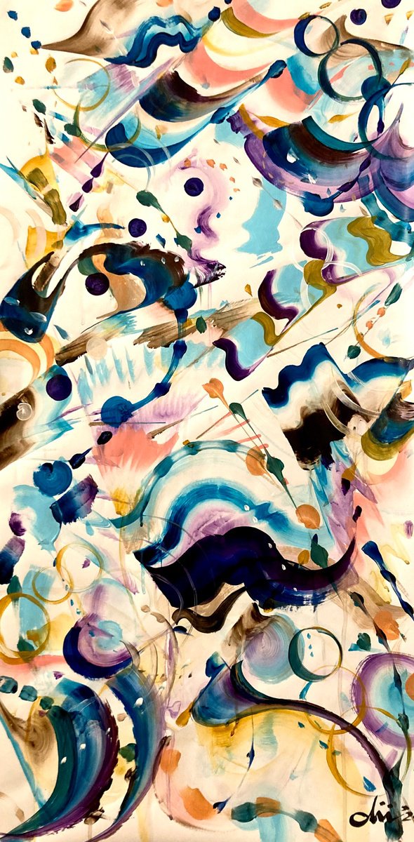 Organic Abstract Acrylic Painting By Daichi Matsusaki, 20 X 39, Color Dance 1-1-24, Original Artwork