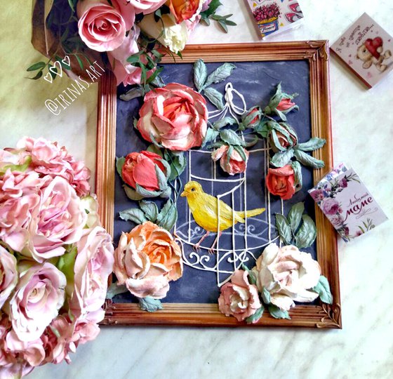 Canary bird in an open cage, wrapped in roses - on the threshold of freedom, 26x34x5 cm