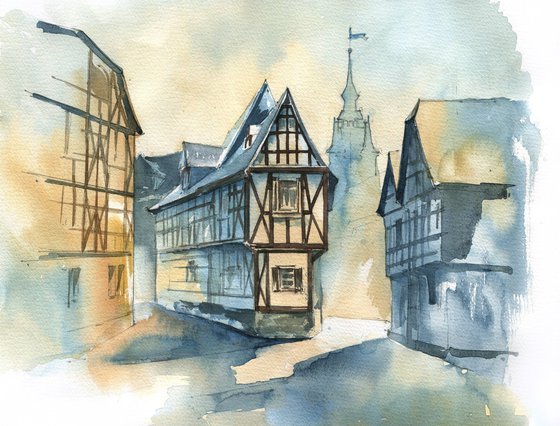 "Street in a medieval city" architectural artwork in watercolor