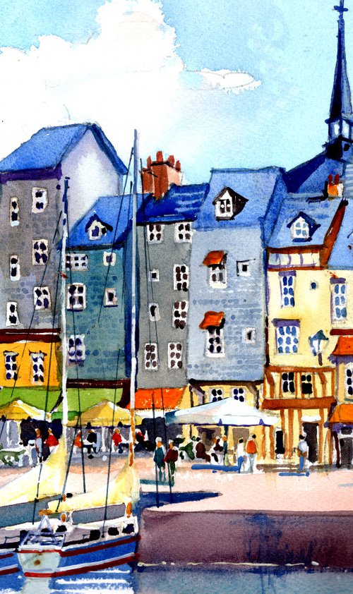 Harbourside, Honfleur, Normandy, France. Harbour, boats & buildings. Cafes & Restaurants by Peter Day