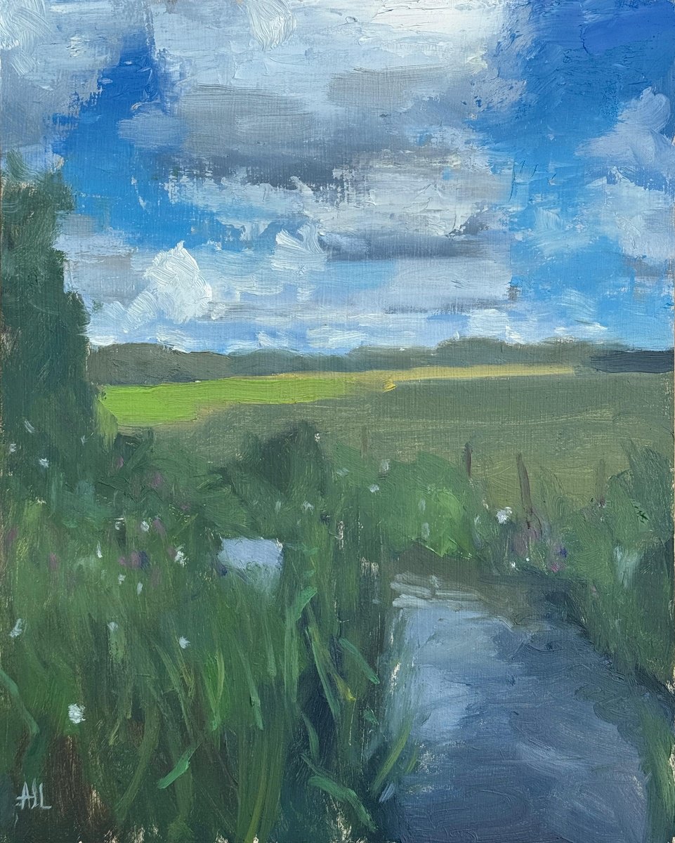 Impressionistic Landscape Oil Painting By Alex James Long, 9 X 12, River Windrush From Back Lane, Original Artwork