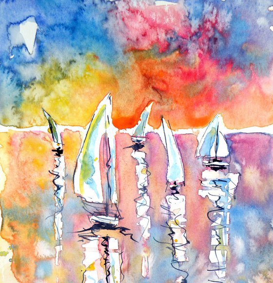 Five sailboats