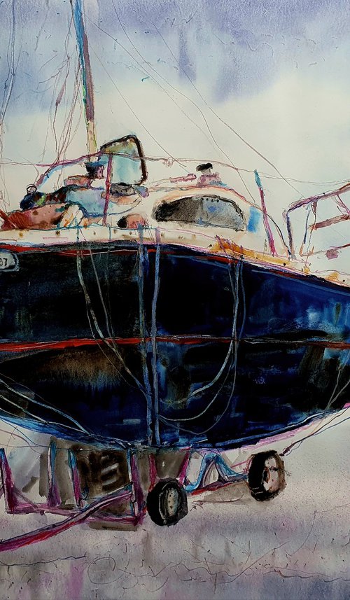 Mixed Media Boat Painting by Olga Sova