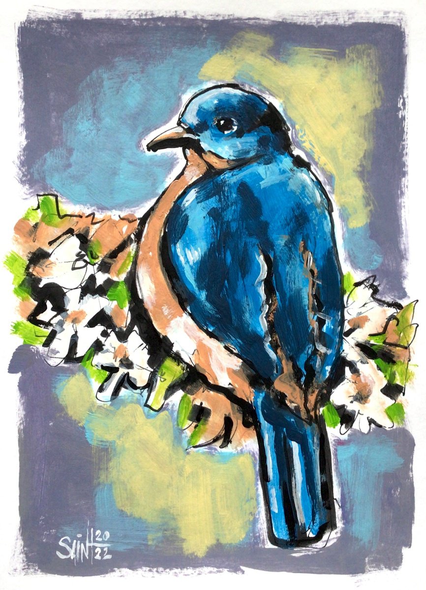 Blue bird painting original art, hand made animal acrylic drawing, paper. by Ruslan Aksenov