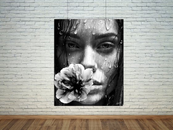 Girl with Flower in the Rain