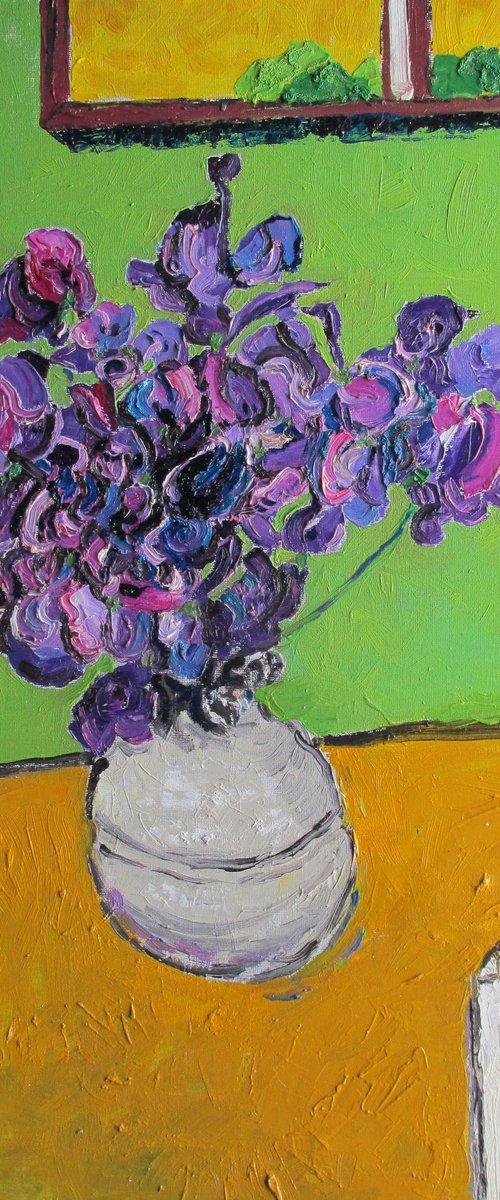 Mauve sweetpeas in a pale ceramic vase by Richard Meyer