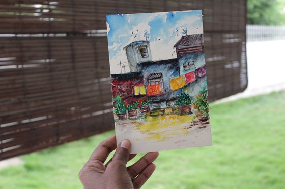 Indian Street Scene with Kolam - Watercolour painting