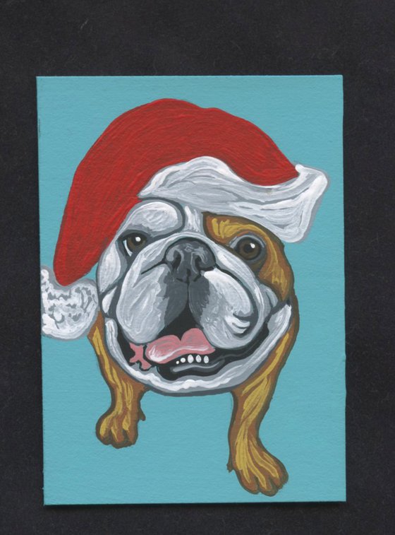 ACEO ATC Original Painting Christmas English Bulldog Pet Dog Art-Carla Smale