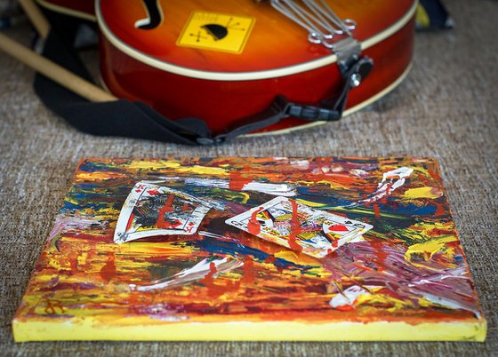 Original Colorful Abstract Painting with Playing Cards.