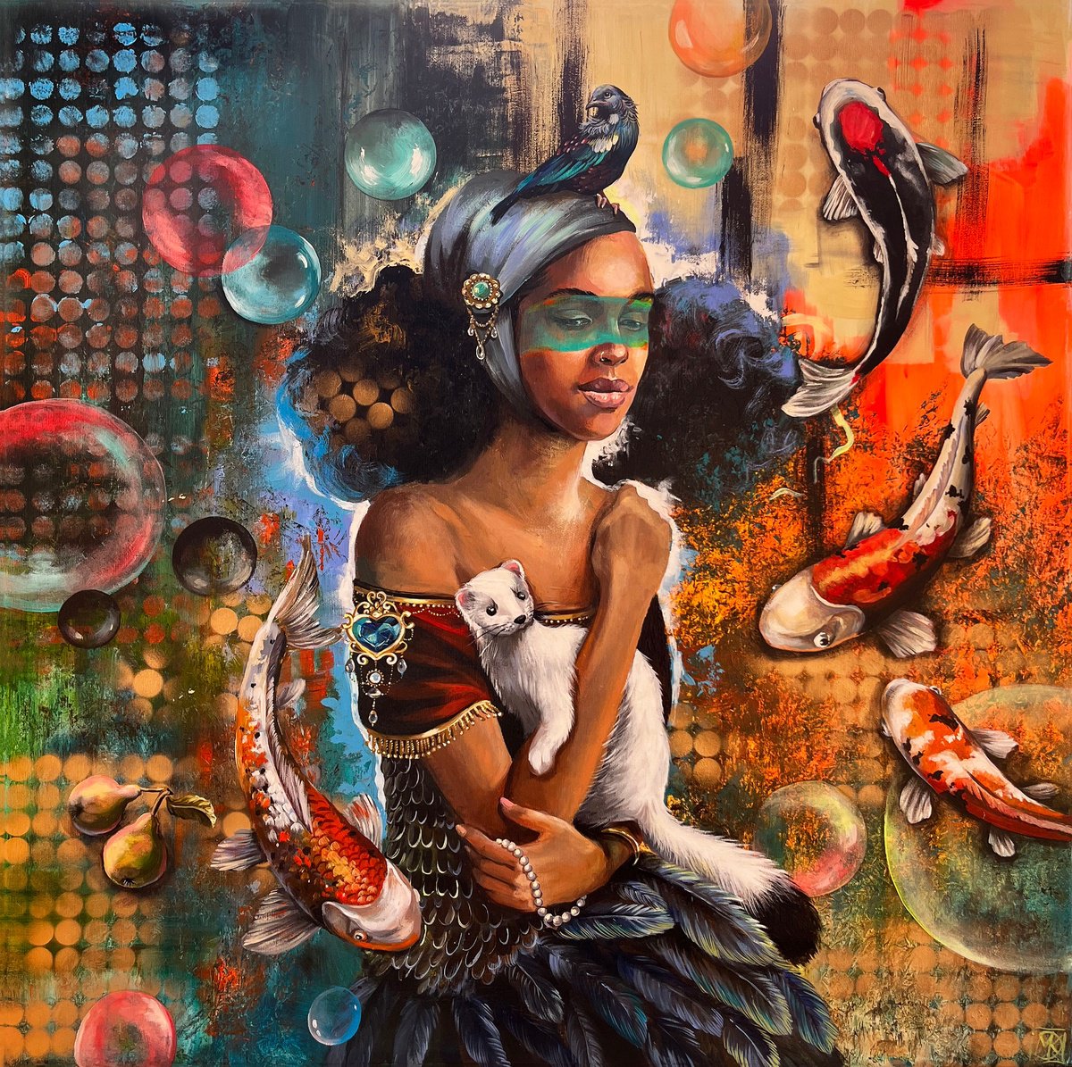 Expressive Portrait Acrylic Painting By Maria Kireev, 39 X 39", Moments From Land To Sea, Original Artwork