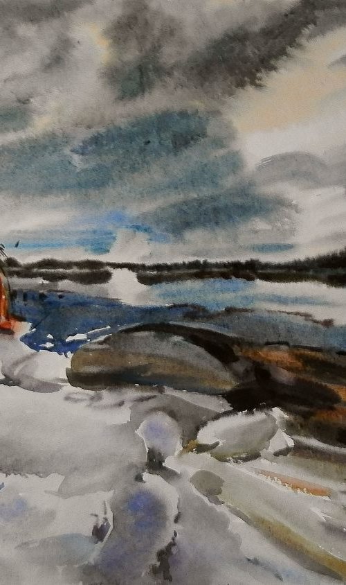 Winter river, large watercolor 98x68 cm by Valentina Kachina