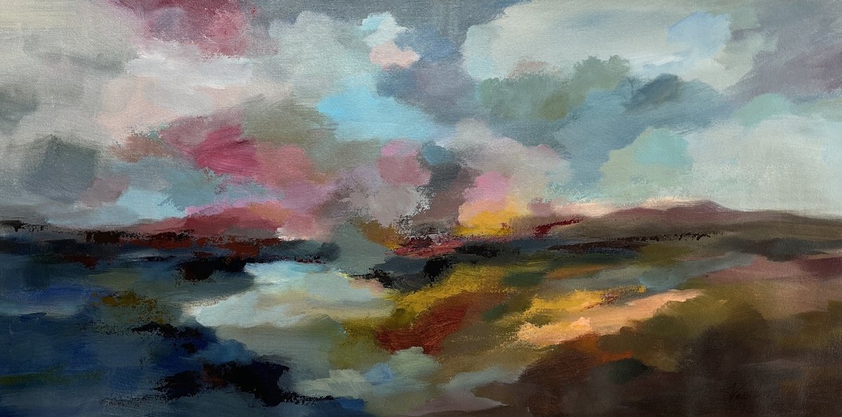 Expressive Landscape Acrylic Painting By Silvia Vassileva, 40 X 20", Colorful Sky, Original Artwork