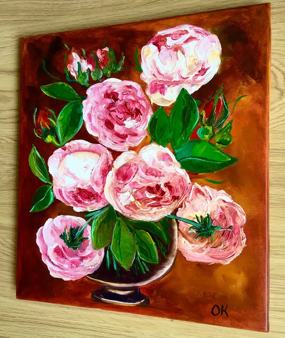 BOUQUET OF CORAL ROSES #5 palette knife modern red pink still life  flowers Dutch style office home decor gift