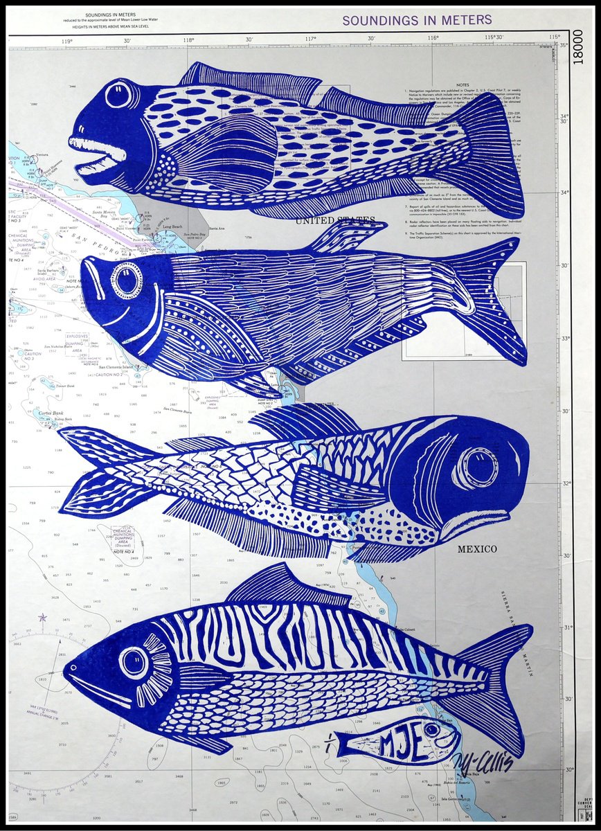 Typographic Animal Linocut By Mariann Johansen-Ellis, 20 X 27", Four Fish, Original Artwork