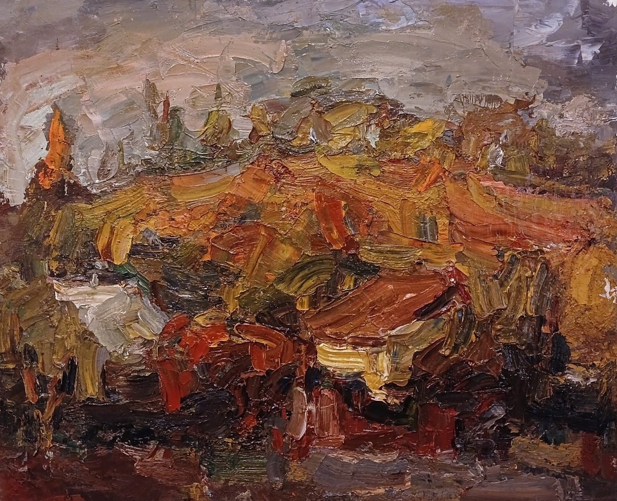 Expressive Landscape Oil Painting By Stanislava Cherkasova, 31 X 26", By The Hill, Original Artwork