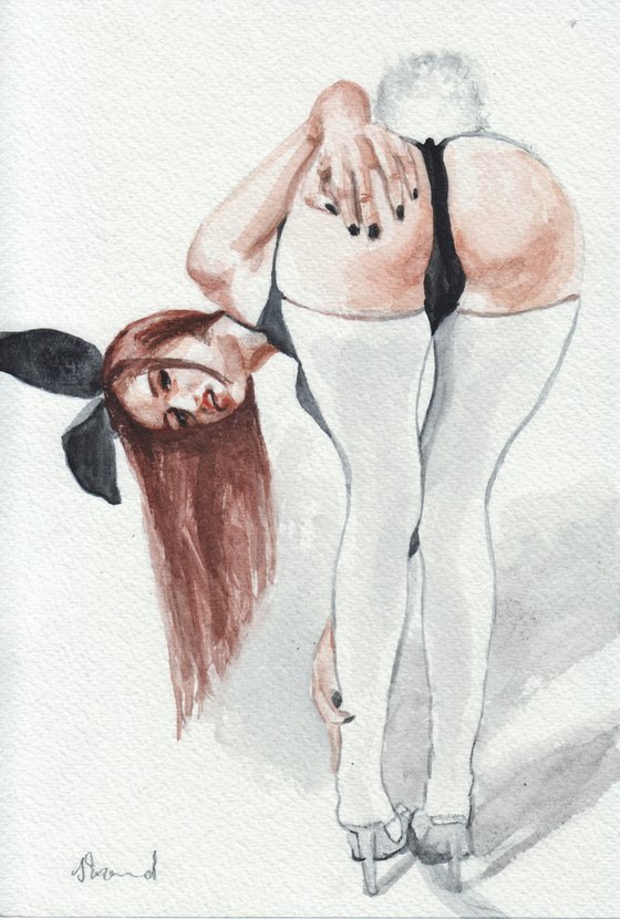 Cheeky Playboy Bunnygirl. Erotic nude watercolour painting.