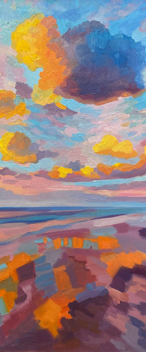 Reflections Original Oil Painting Beach art sea sky clouds abstract landscape by Julia Logunova